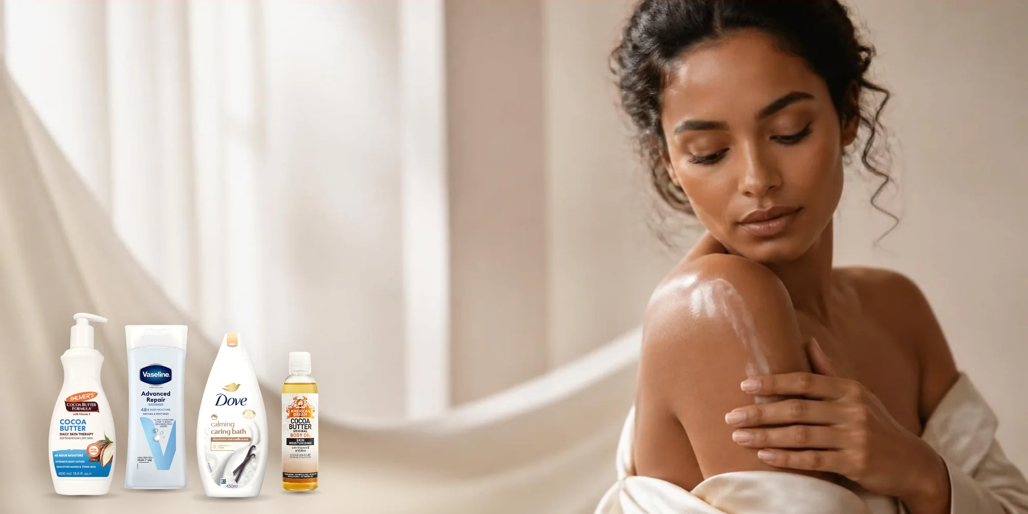 Woman moisturising her skin with original body care products at Benus Beauty Kenya