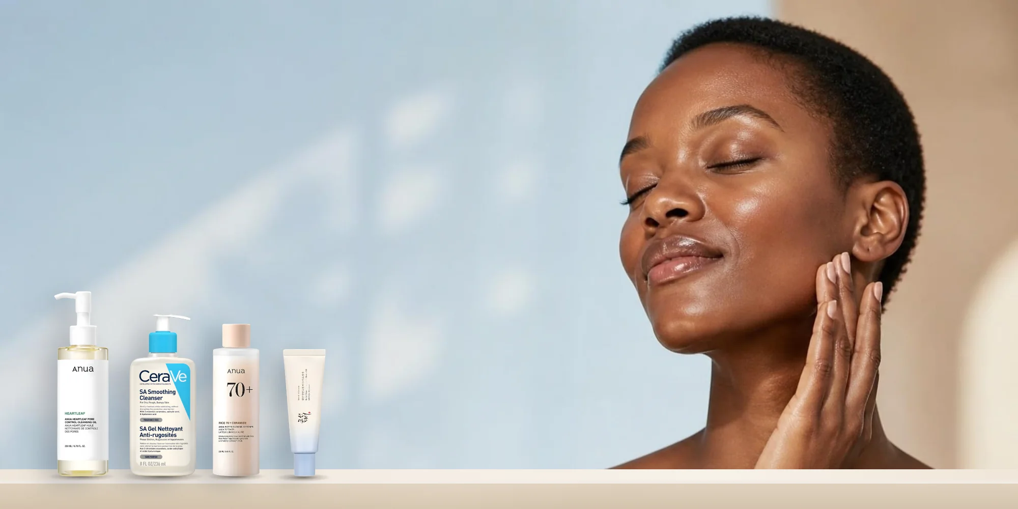 Woman with glowing skin and original skincare products at Benus Beauty Kenya