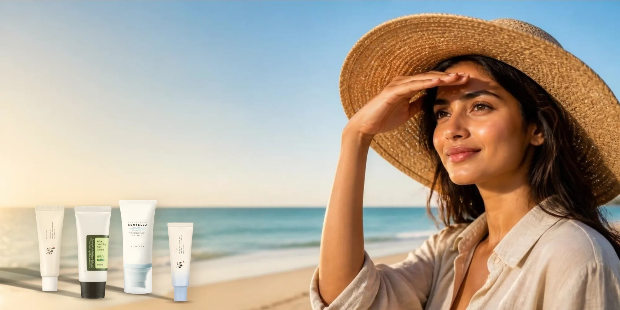 Woman at the beach with no white cast sunscreens at Benus Beauty Kenya